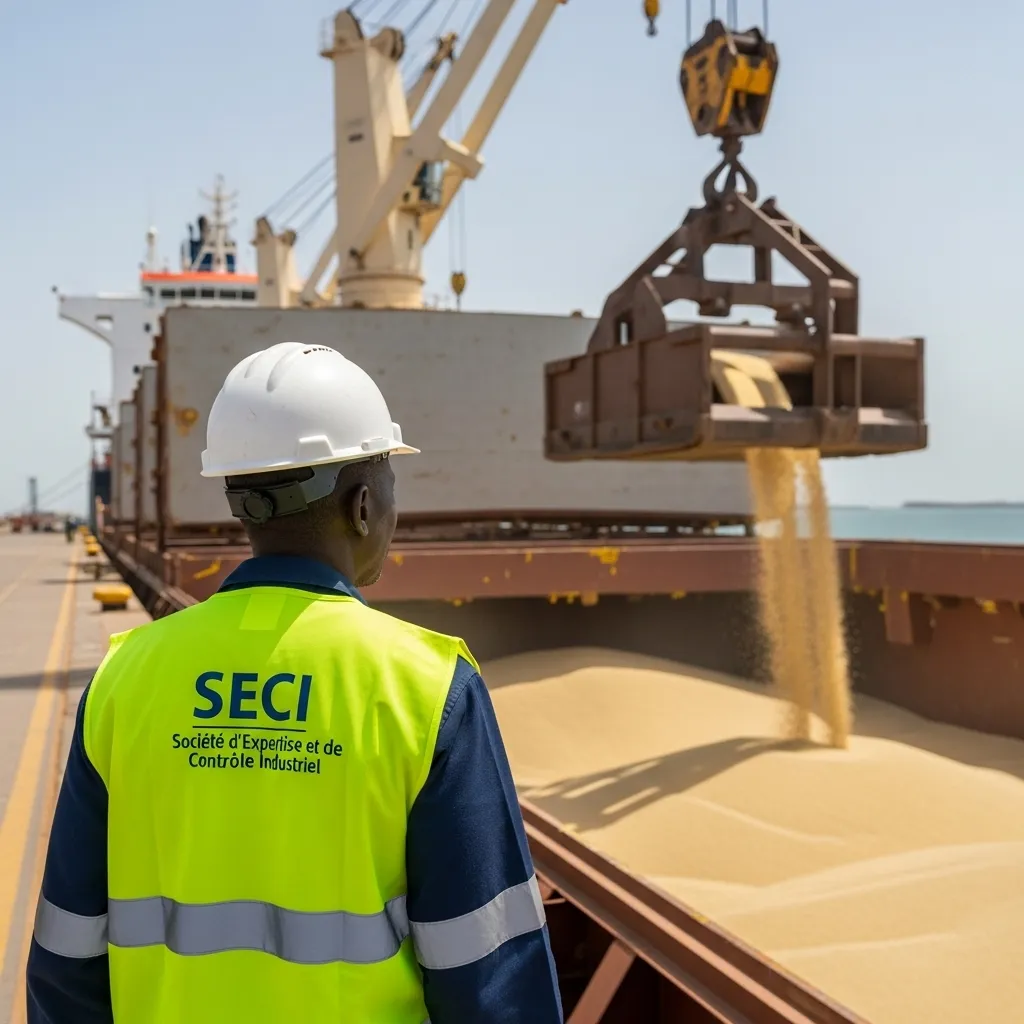 Expert S.E.C.I. surveillant le déchargement d'un vraquier au port