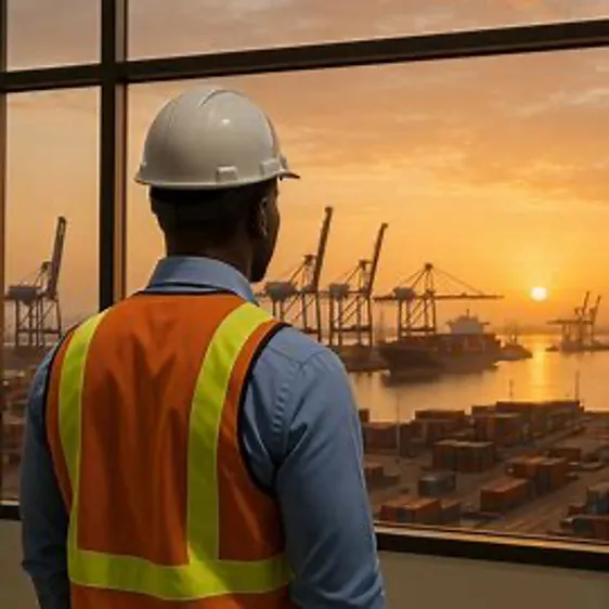 Expert S.E.C.I. en gilet de sécurité observant le port au coucher du soleil